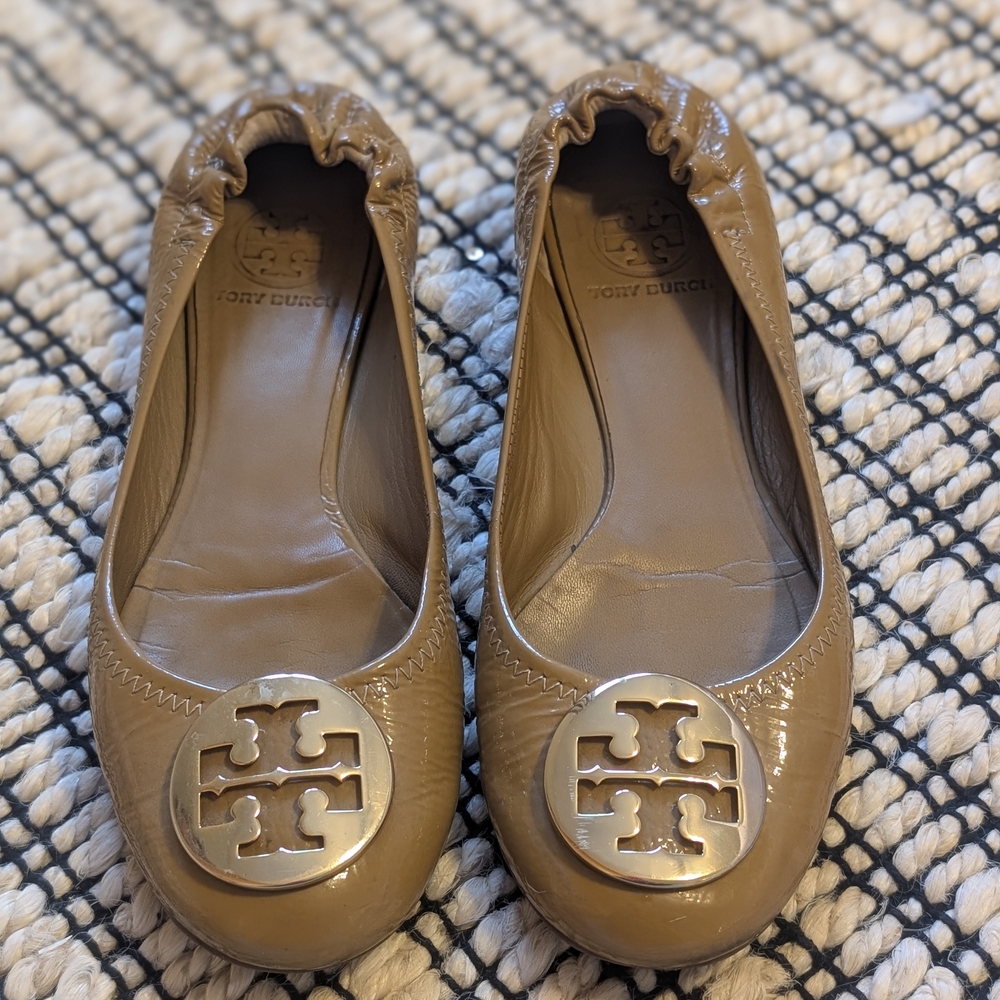 Tory Burch Tan Leather Flats with Gold Logo